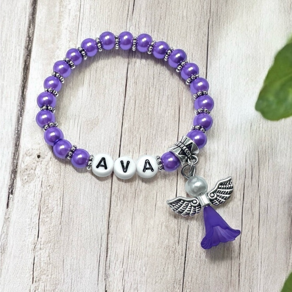 Handmade custom personalized Easter Purple Beaded Bracelet with Angel Charm